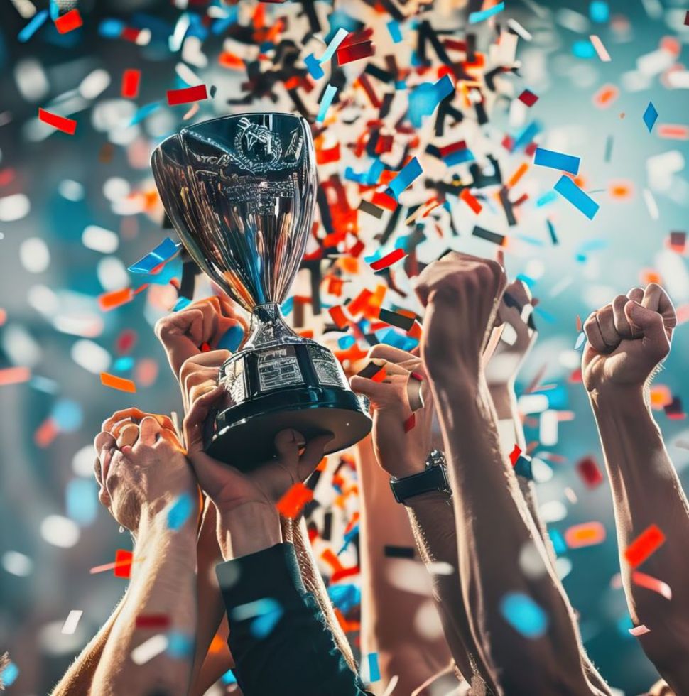 Viele Hände halten einen Pokal hoch. Konfettis fliegen herum.