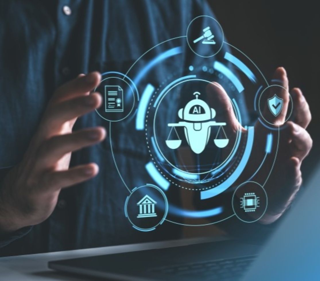 Man hands holding ai and scales hologram, artificial intelligence in law concept