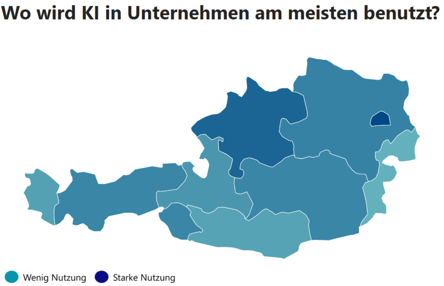 Statistik: Wo wird KI in Unternehmen am meisten benutzt? Starke Nutzung: Wien und Oberösterreich, Mittlere Nutzung: Niederösterreich, Steiermark, Tirol, Wenig Nutzung: Burgenland, Steiermark, Kärnten und Vorarlberg.