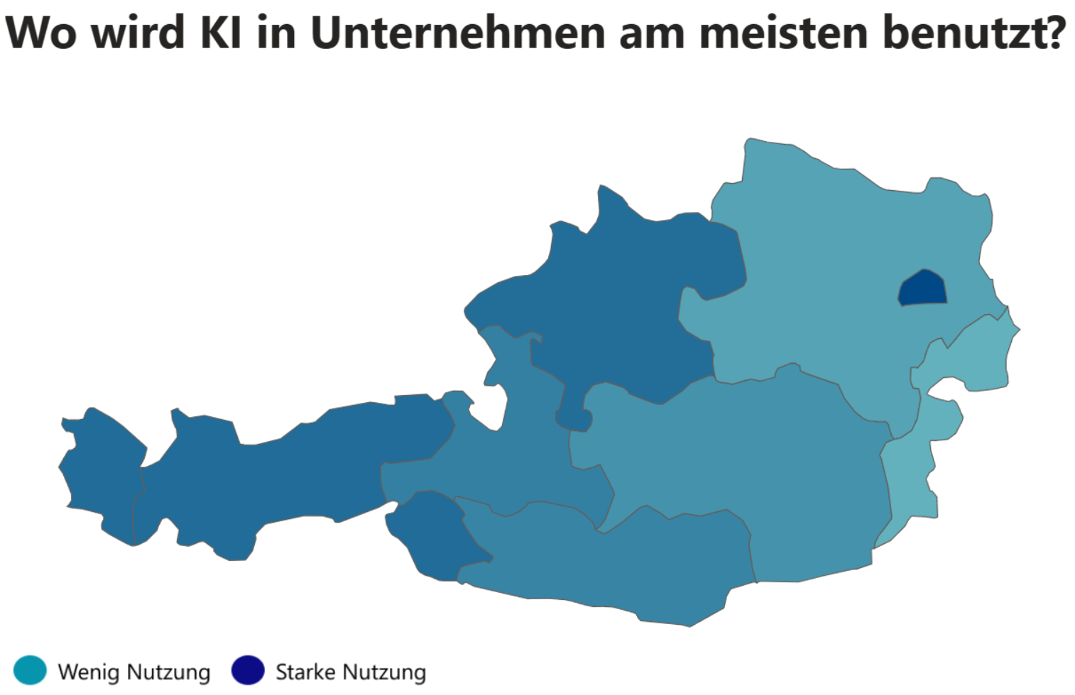 Statistik: Wo wird KI in Unternehmen am meisten benutzt? Starke Nutzung: Wien und Oberösterreich, Mittlere Nutzung: Niederösterreich, Steiermark, Tirol, Wenig Nutzung: Burgenland, Steiermark, Kärnten und Vorarlberg.