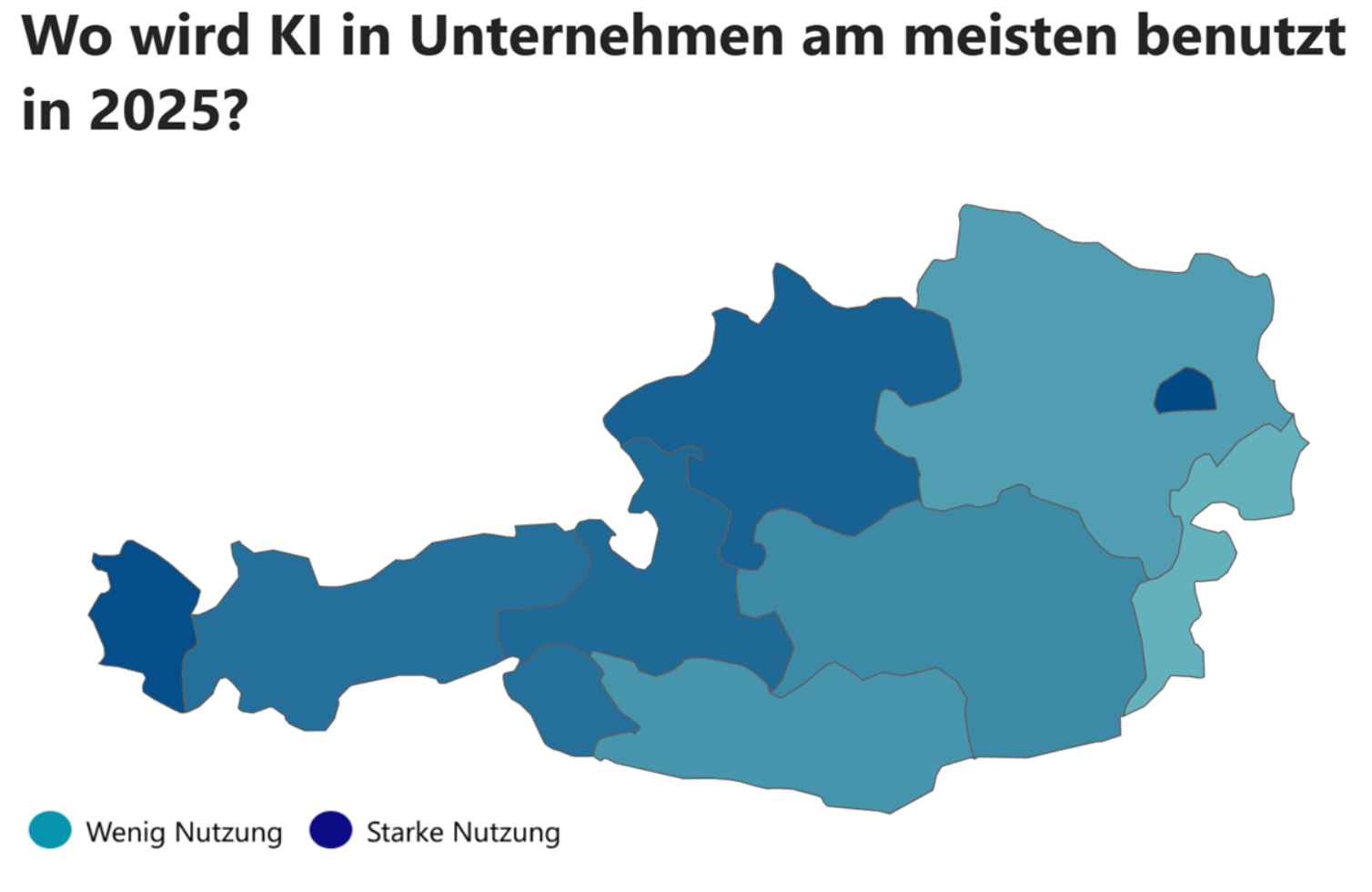 Österreich-Karte: Regionale KI-Nutzung in Unternehmen 2025 – stärkste Nutzung in Vorarlberg und Oberösterreich, geringere Nutzung in östlichen Bundesländern (Farbskala Wenig bis Starke Nutzung).