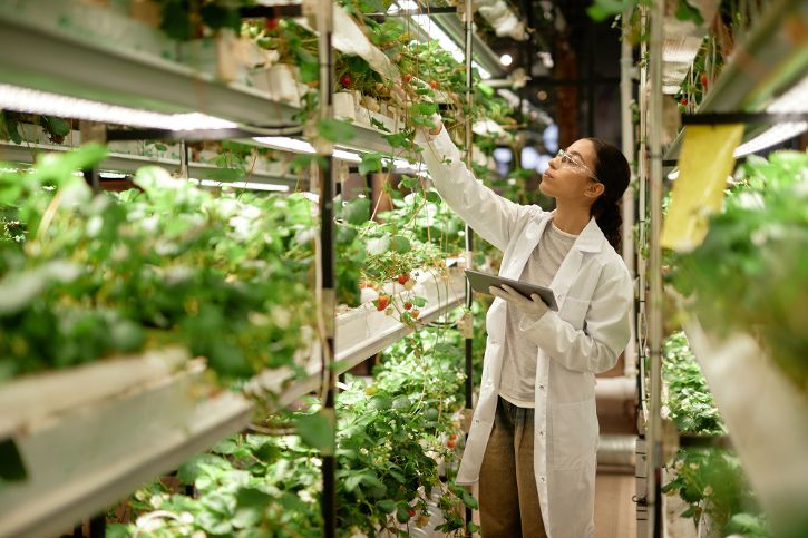 Wissenschaftlerin beobachten das Wachstum von Pflanzen unter künstlicher Beleuchtung in einer Forschungseinrichtung, machen sich Notizen auf einem digitalen Tablet und präsentieren fortschrittliche landwirtschaftliche Techniken für den Indoor-Anbau © Seventyfour - Adobe Stock