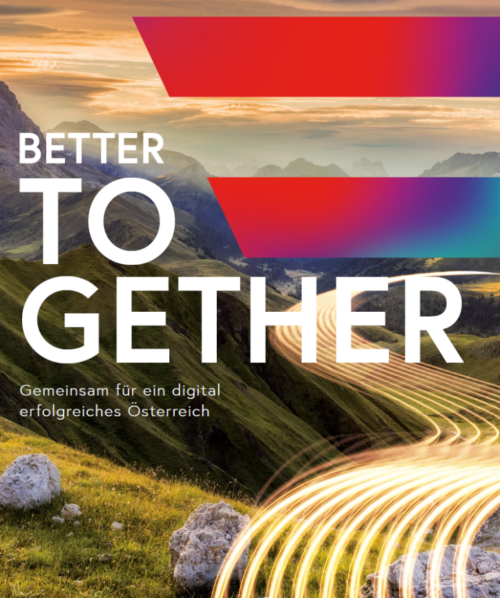 Berglandschaft mit hellen Leuchtstreifen. Bunte Digital Austria Fahne © Wien Nord - Wien Nord