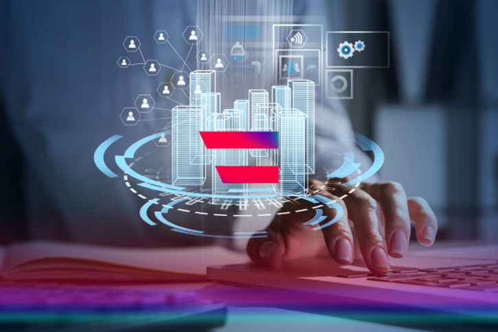 Digital Austria Act für Thema Smart Government. Hand liegt auf einer Tastatur. Grafik Hochhäuser, Zahlen und Tabellen mit bunter Fahne. © Digital Austria - BKA