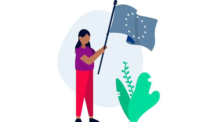 Illustration einer Frau mit einer EU Fahne in der Hand © Digital Austria