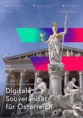 Foto des Parlaments in Wien. Im Hintergrund sieht man die Digital Austria Flagge.