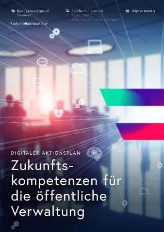 Netz aus hellen Lichtstrahlen und kleinen Symbolen. Im Vordergrund sieht man die Digital Austria Flagge.
