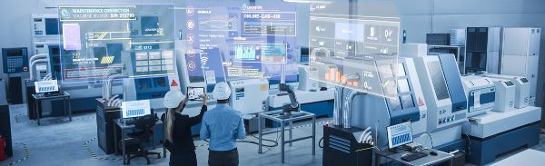Industrie 4.0 Fabrik: Zwei Ingenieure nutzen digitale Tablet-Computer mit Augmented-Reality-Software, um sich mit High-Tech-Maschinen und Roboterarmen zu verbinden und die Wartung und Diagnose von Anlagen zu visualisieren