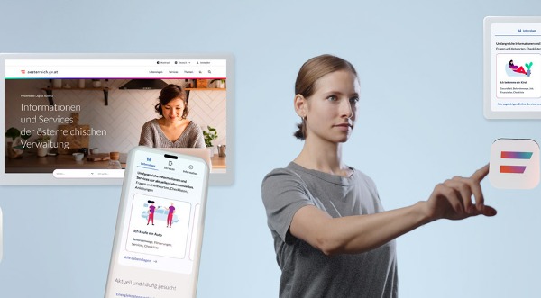 Eine Frau drückt auf ein vor ihr schwebendes Digital Austria-Icon. Daneben sind vor einem blauen Hintergrund verteilt verschieden Mockups und Icons von Websites des österreichischen eGovernment.