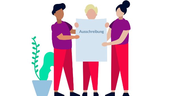 Illustration von drei Personen, die ein Schild mit der Aufschrift "Ausschreibung" in der Hand halten