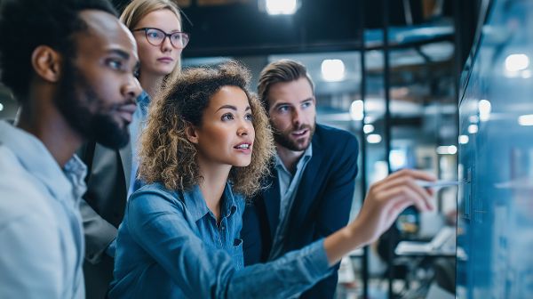 Modernes Geschäftsteam arbeitet gemeinsam an einem digitalen Bildschirm in einem eleganten Büro. &copy;  Adobe Stock 