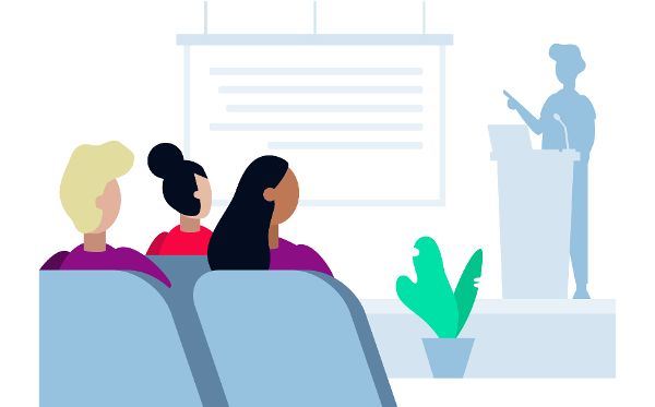 Illustration von Personen die einem Manne hinter einem Rednerpult zuhören