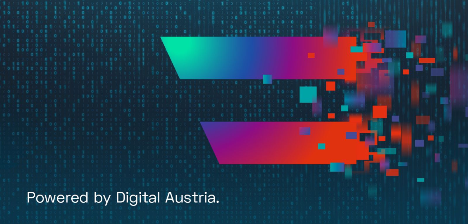 fallende 0 und 1 Zahlen, Digital Austria Fahne in bunt mit auslaufenden Pixeln rechts. Design für Künstliche Intelligenz - KI, Artificial Intelligence - AI. Powered by Digital Austria &copy; BBDO  - Grafik BBDO 