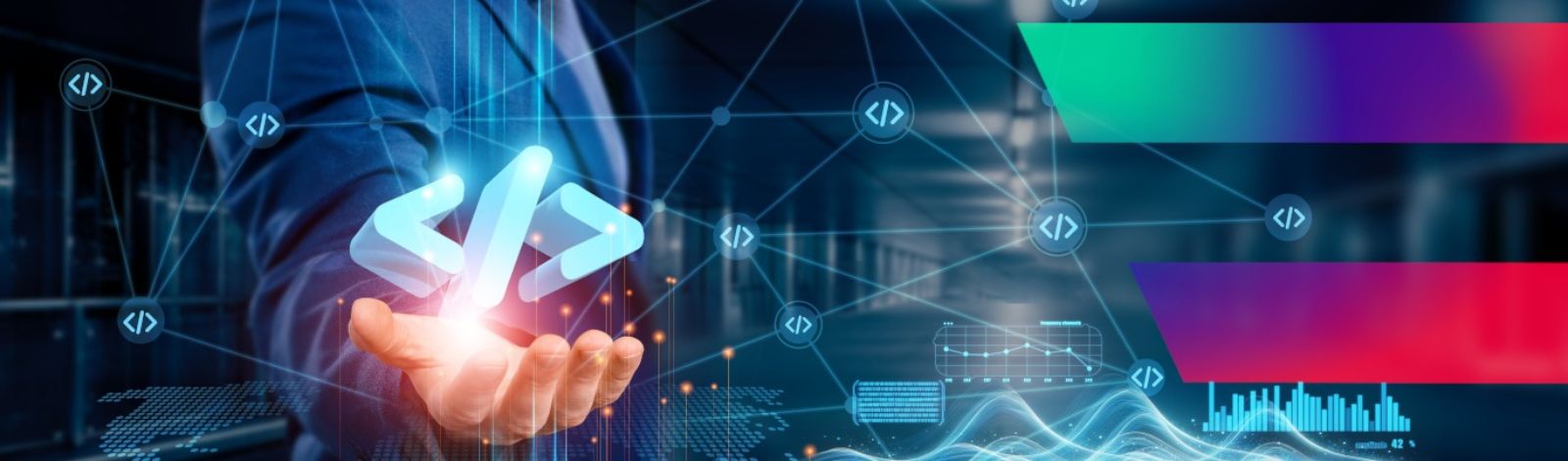 Geschäftsmann hält einen Software Entwicklungs-Icon hoch mit globale Strukturen, Netzwerk Symbole © Harsha - Bild/AdobeStock