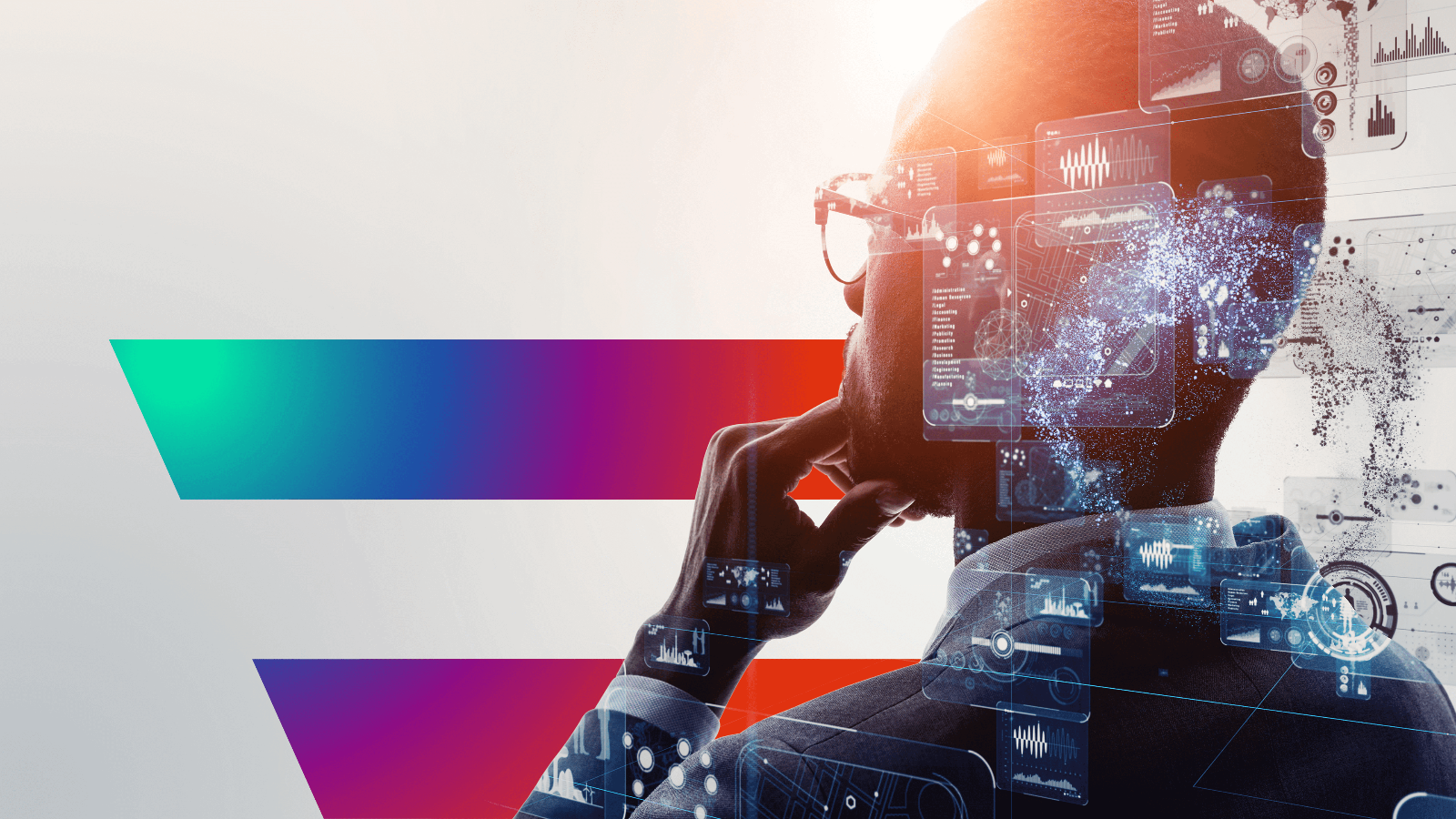 Headerbild KI in der Verwaltung. eine stilisierte Ki-generierte Person von links hinten blickt auf die Digital Austria Fahne. &copy;  Adobe Stock 344131708-metamorworks-erstellt mit generativer K 