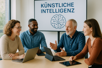 Vier Menschen sitzen vor einer Tafel mit dem Schriftzug Künstliche Intelligenz. © KI-generiert von CONEDU mit ChatGPT 4.0  - CONEDU  