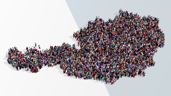 Es ist eine Umrisskarte von Österreich zu sehen, die aus vielen verschiedenen Menschen gebildet wurde. © BKA  - BKA Digitales Amt 