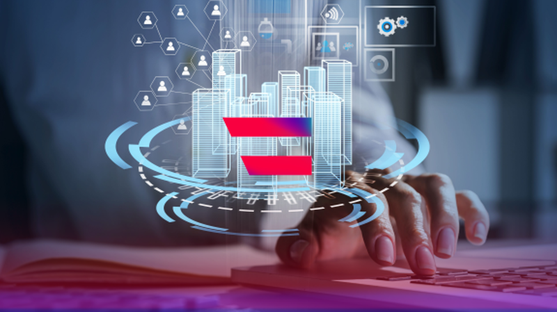 Digital Austria Act für Thema Smart Government. Hand liegt auf einer Tastatur. Grafik Hochhäuser, Zahlen und Tabellen mit bunter Fahne. © Digital Austria  - BKA 