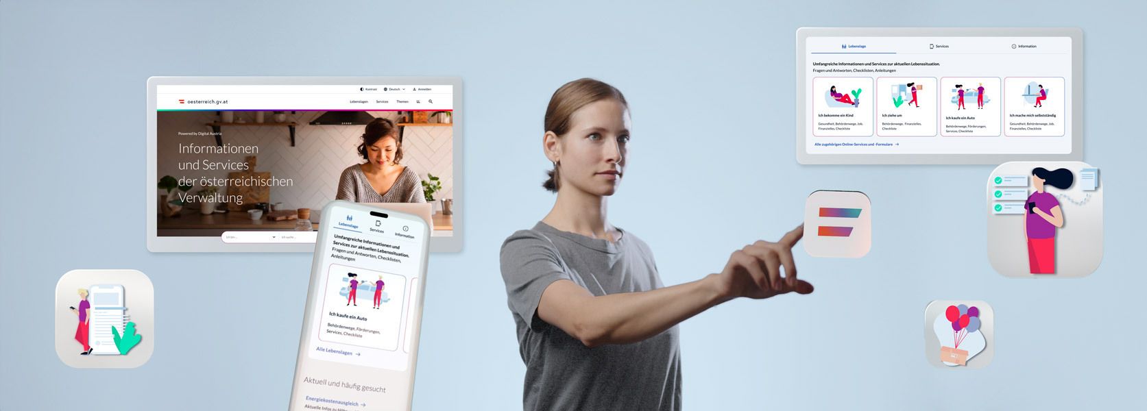 Eine Frau drückt auf ein vor ihr schwebendes Digital Austria-Icon. Daneben sind vor einem blauen Hintergrund verteilt verschieden Mockups und Icons von Websites des österreichischen eGovernment.