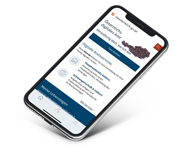Zu sehen ist das Mockup eine Smartphones mit der geöffneten Website oesterreich.gv.at.