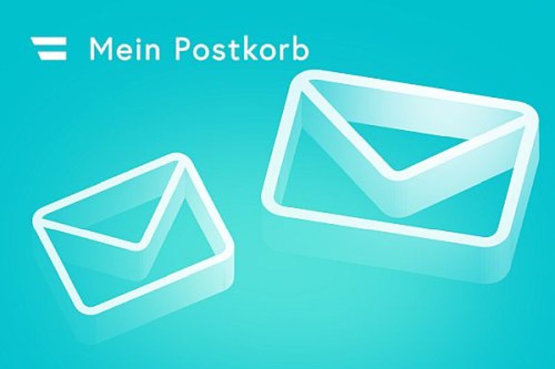 Es sind zwei Briefsymbole vor einem hellblauen Hintergrund zu sehen. Darüber steht "Mein Postkorb".