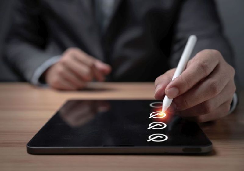 Ein Geschäftsmann benutzt einen elektronischen Stift, um auf einem Tablet bei erledigten Aufgaben ein Häkchen zu setzen.