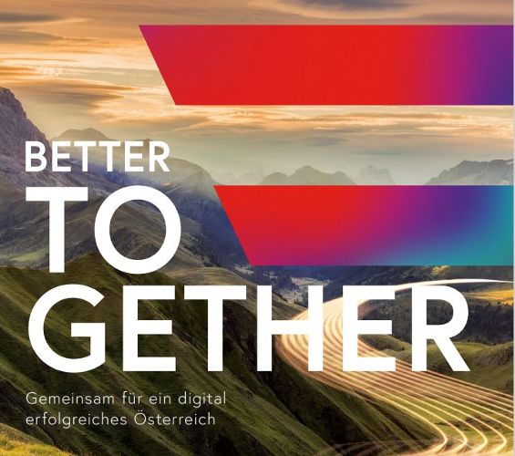 Screenshot Ausschnitt des Digitalisierungsberichts 2021, Digital Austria Logo vor Landschaftsbild, Text: Better Together, Gemeinsam für ein digital erfolgreiches Österreich