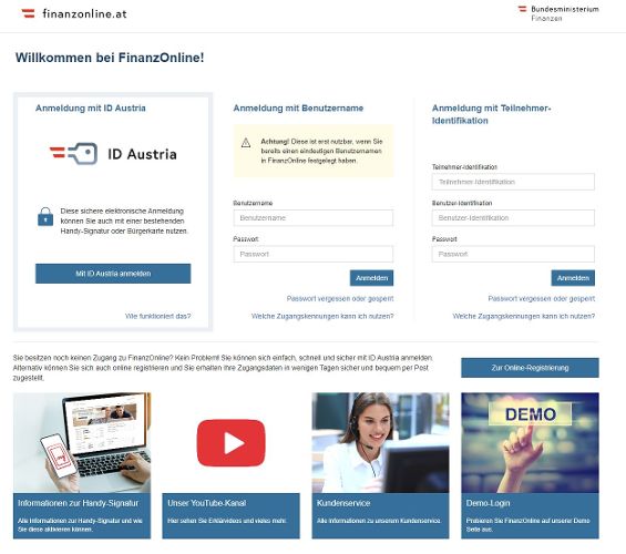 Screenshot of the FinanzOnline login page, where you can log in using ID Austria or other digital access options. A news section and the explanation for using the FinanzOnline employee tax assessment is also visible.