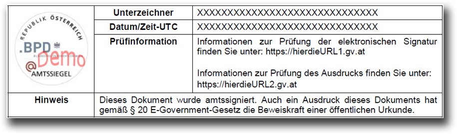 Bildmarke und die Merkmale einer Amtssigntur Hoheitsverwaltung