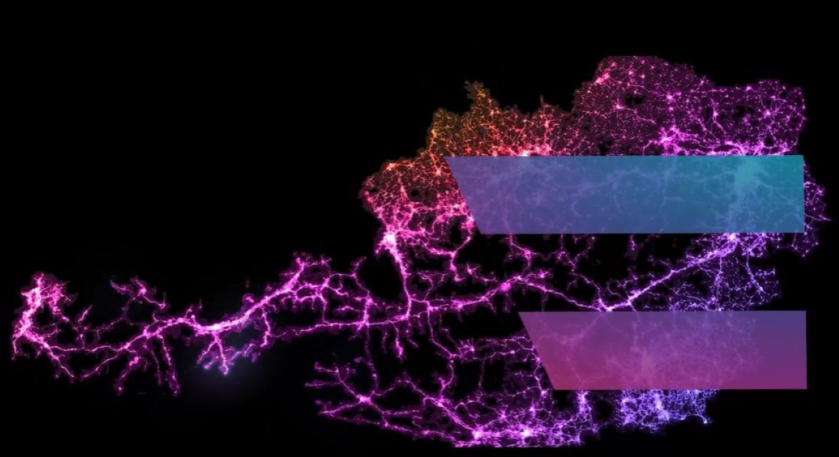 Österreich Landkarte mit Digital Austria Flagge im Vordergrund.
