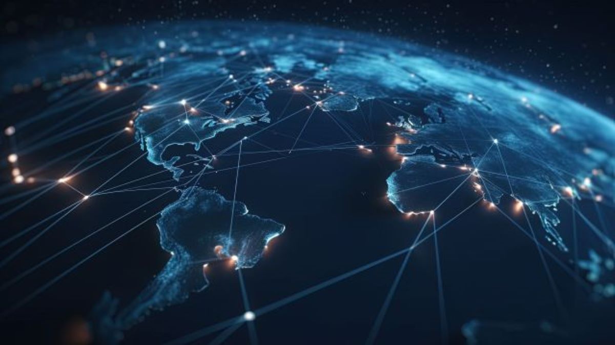 Ausschnitt der Erde mit einem Netz aus leuchtenden Punkten