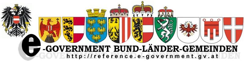 Logo zeigt Bundesadler und daneben die Wappen aller Bundesländer Österreichs, darunter Schriftzug "E-Government Bund-Länder-Städte-Gemeinden" und die URL des Reference Servers, der die Plattform der Zusammenarbeit untereinander ist.
