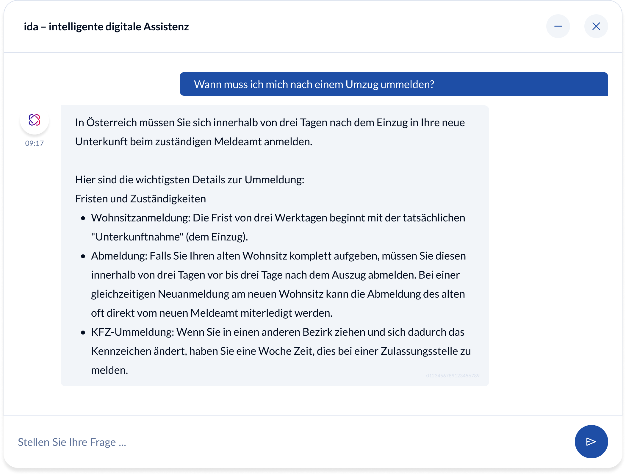 Screenshot ida Chatbot Beispiel einer Frage und Antwort